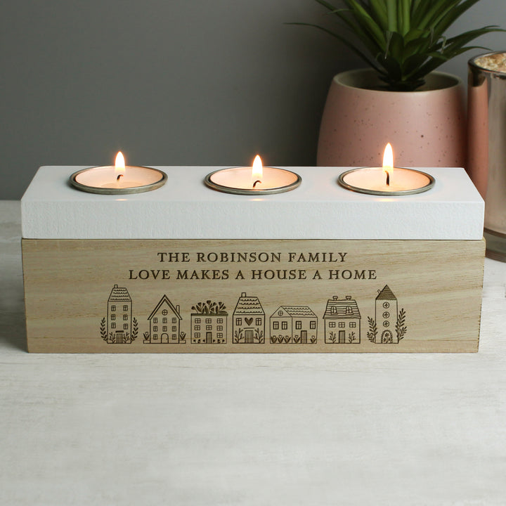 Buy Personalised HOME Triple Tea Light Box available now at www.giftsfinder.co.uk