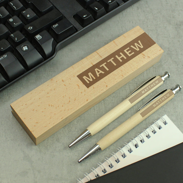 Buy Personalised Name Only Wooden Pen and Pencil Set at www.giftsfinder.co.uk