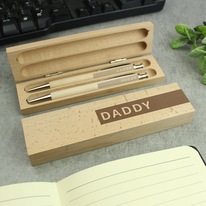 Buy Personalised Name Only Wooden Pen and Pencil Set at www.giftsfinder.co.uk