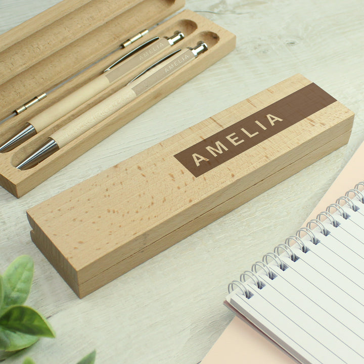 Buy Personalised Name Only Wooden Pen and Pencil Set at www.giftsfinder.co.uk