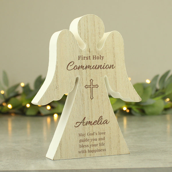 Buy Personalised First Holy Communion Rustic Wooden Angel Decoration available now at www.giftsfinder.co.uk