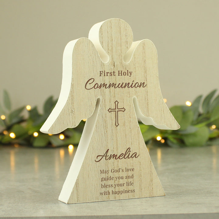 Buy Personalised First Holy Communion Rustic Wooden Angel Decoration available now at www.giftsfinder.co.uk