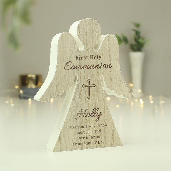 Buy Personalised First Holy Communion Rustic Wooden Angel Decoration available now at www.giftsfinder.co.uk