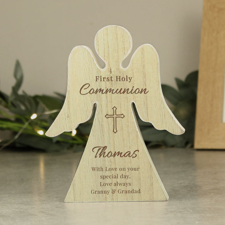 Buy Personalised First Holy Communion Rustic Wooden Angel Decoration available now at www.giftsfinder.co.uk