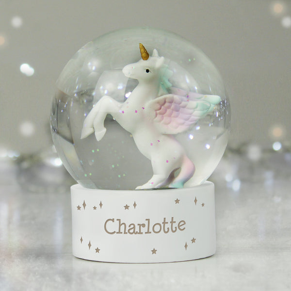 Buy Personalised Unicorn Name Snow Globe at www.giftsfinder.co.uk