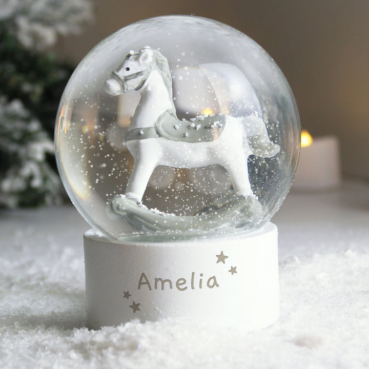 Buy Personalised Name Only Rocking Horse Glitter Snow Globe at www.giftsfinder.co.uk