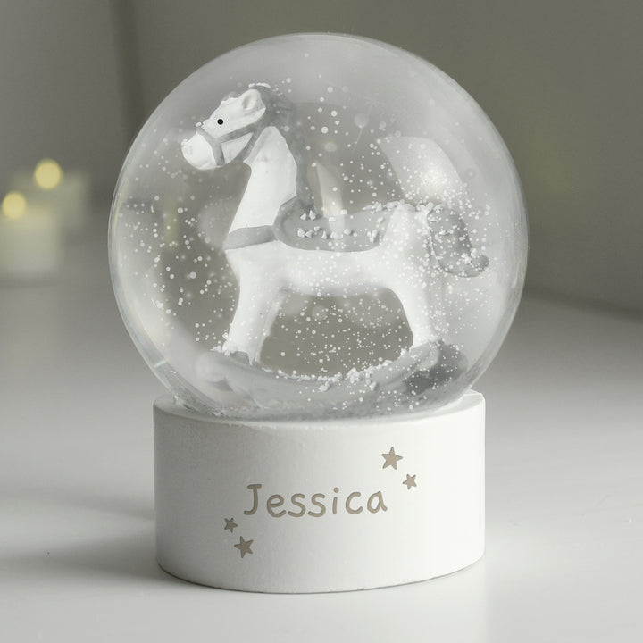 Buy Personalised Name Only Rocking Horse Glitter Snow Globe at www.giftsfinder.co.uk