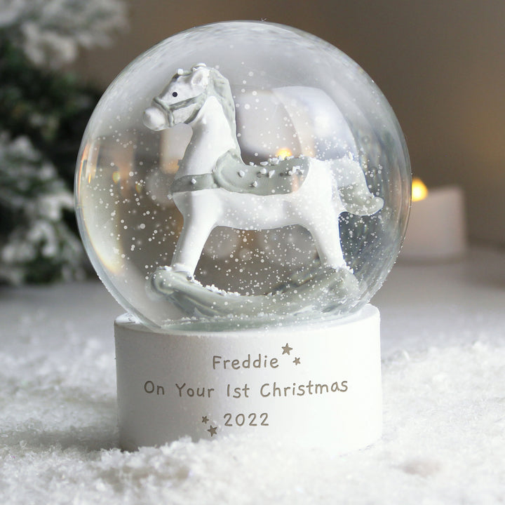 Buy Personalised Free Text Rocking Horse Glitter Snow Globe available now at www.giftsfinder.co.uk