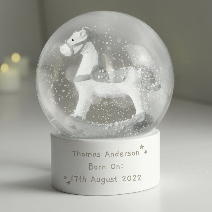 Buy Personalised Free Text Rocking Horse Glitter Snow Globe available now at www.giftsfinder.co.uk