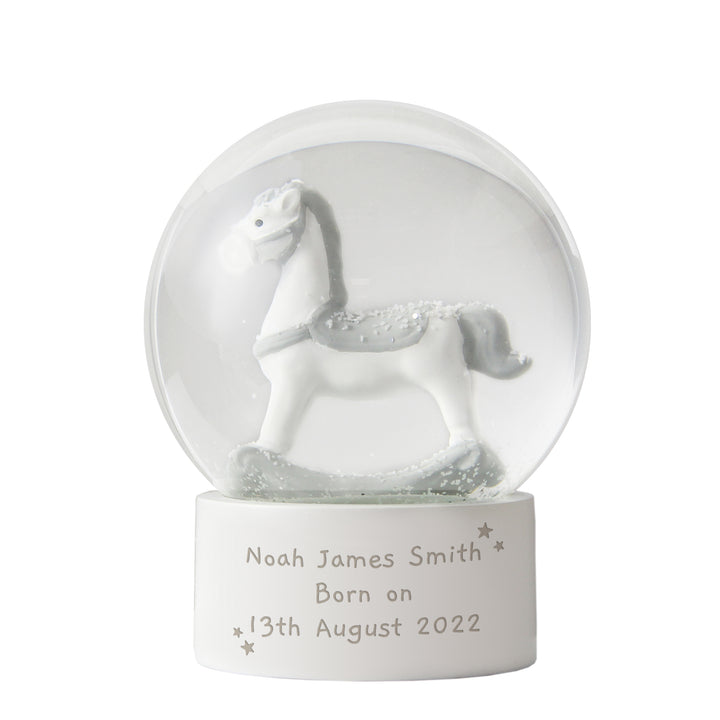 Buy Personalised Free Text Rocking Horse Glitter Snow Globe available now at www.giftsfinder.co.uk