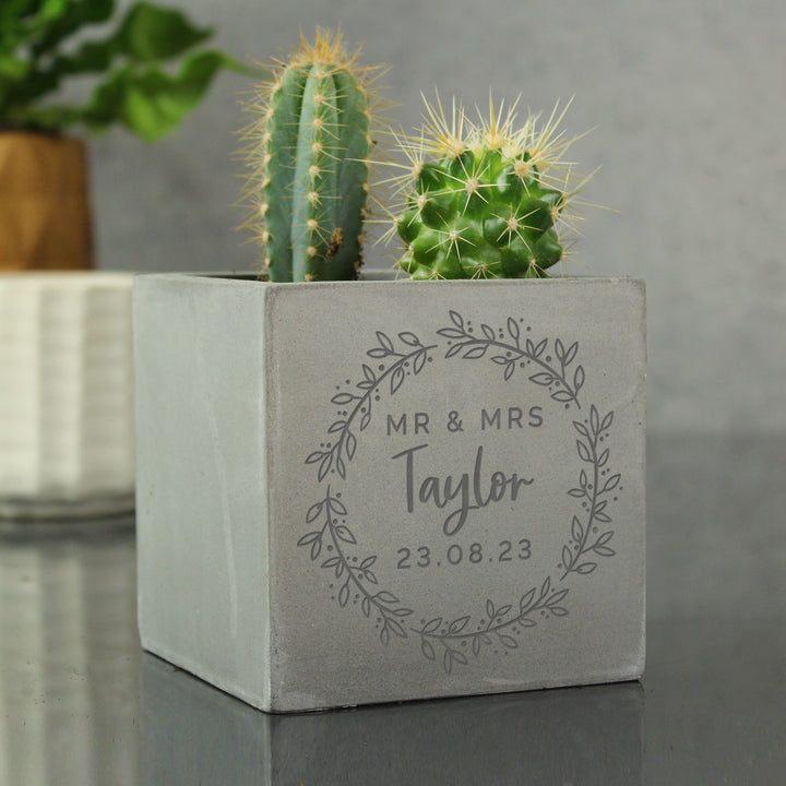 Buy Personalised Floral Wreath Concrete Plant Pot available now at www.giftsfinder.co.uk