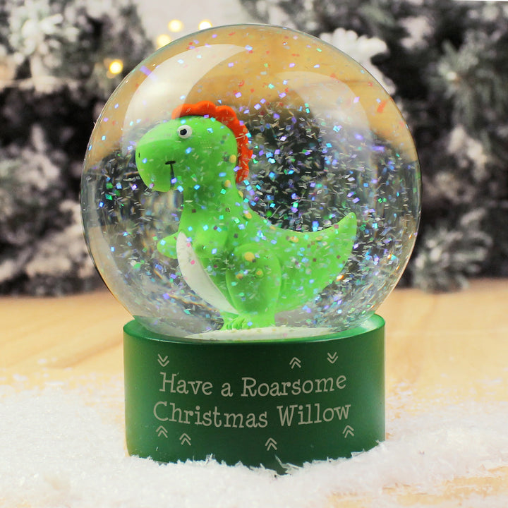 Buy Personalised Message Dinosaur Glitter Snow Globe available now at www.giftsfinder.co.uk