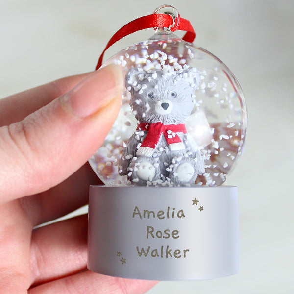 Buy Personalised Message Teddy Bear Glitter Snow Globe Tree Decoration available now at www.giftsfinder.co.uk