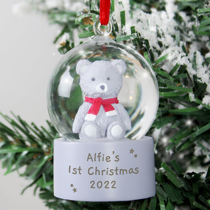 Personalised Message Teddy Bear Glitter Snow Globe Tree Decoration - part of the Gifts Finder Personalised Snow Globes collection