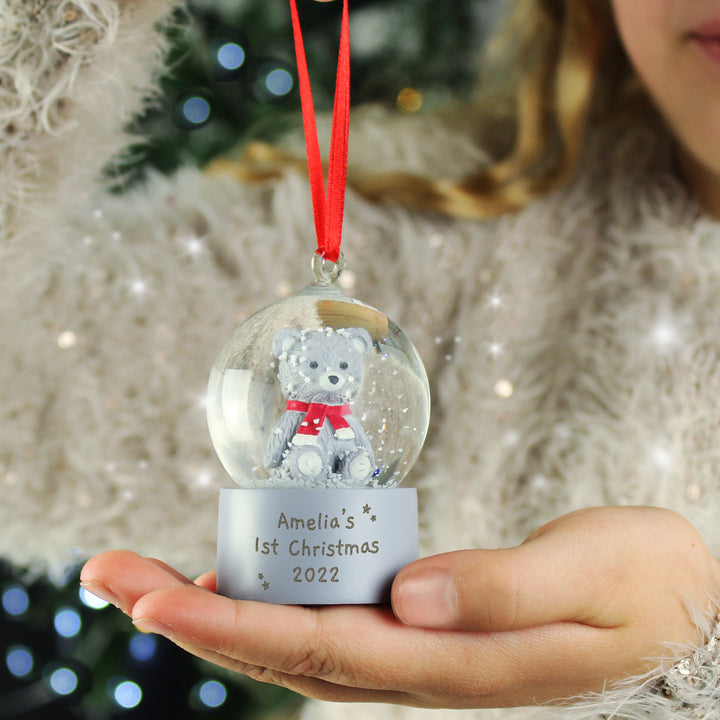 Personalised Message Teddy Bear Glitter Snow Globe Tree Decoration - part of the Gifts Finder Personalised Snow Globes collection