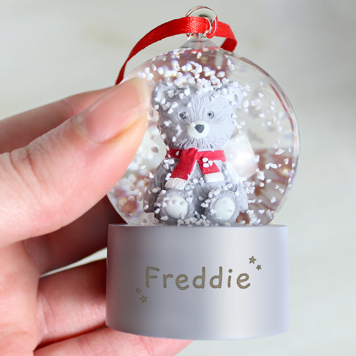 Buy Personalised Name Only Teddy Bear Glitter Snow Globe Tree Decoration at www.giftsfinder.co.uk