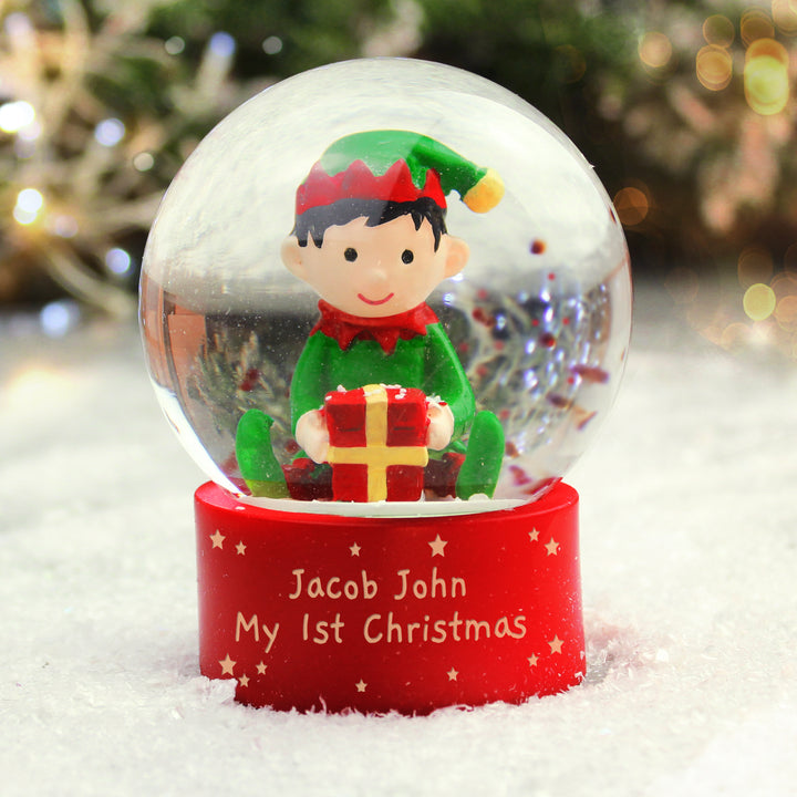 Buy Personalised Message Elf Glitter Snow Globe available now at www.giftsfinder.co.uk