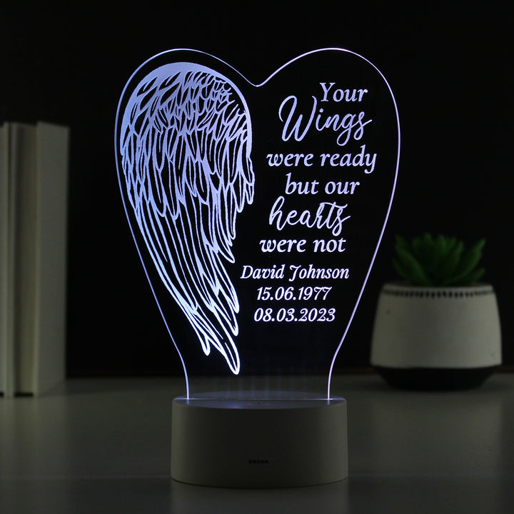 Buy Personalised Angel Wings Memorial Colour Changing LED Light available now at www.giftsfinder.co.uk