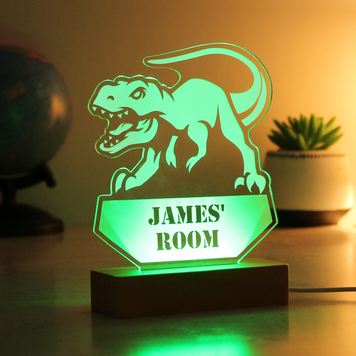 Buy Personalised Dinosaur Wooden Based LED Light available now at www.giftsfinder.co.uk