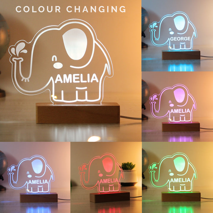 Buy Personalised Elephant Wooden Based LED Light available now at www.giftsfinder.co.uk