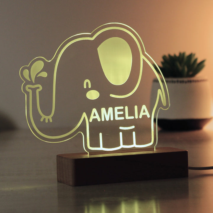 Buy Personalised Elephant Wooden Based LED Light available now at www.giftsfinder.co.uk