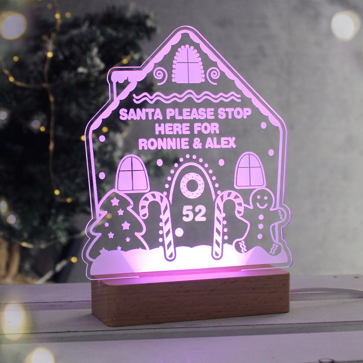 Buy Personalised Gingerbread House Christmas Wooden Based LED Light available now at www.giftsfinder.co.uk