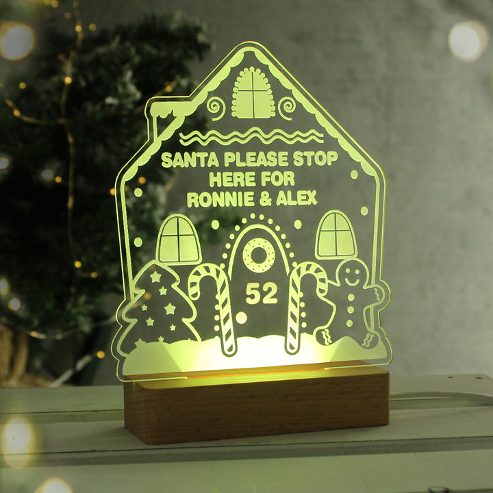 Buy Personalised Gingerbread House Christmas Wooden Based LED Light available now at www.giftsfinder.co.uk