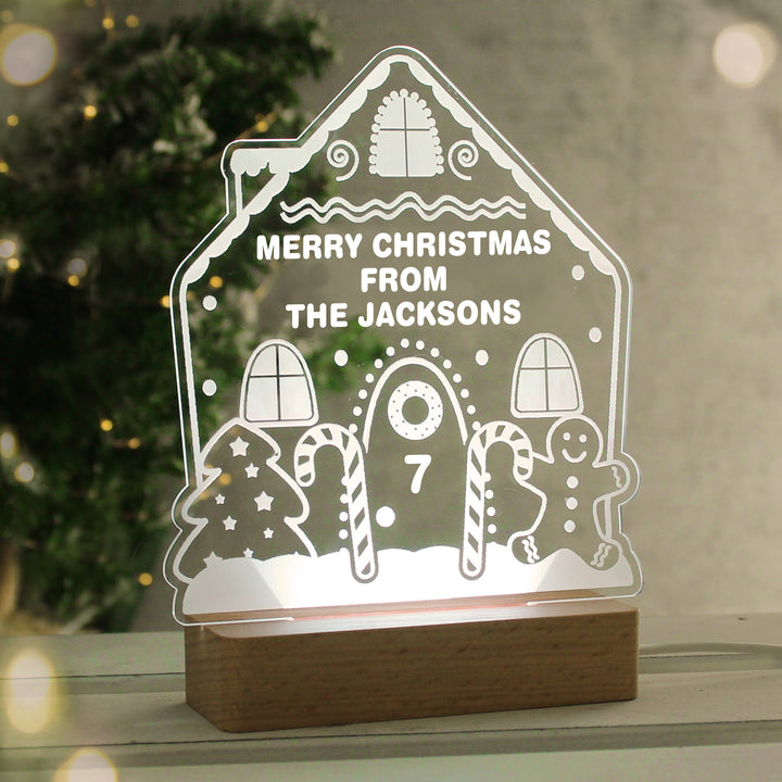 Buy Personalised Gingerbread House Christmas Wooden Based LED Light available now at www.giftsfinder.co.uk