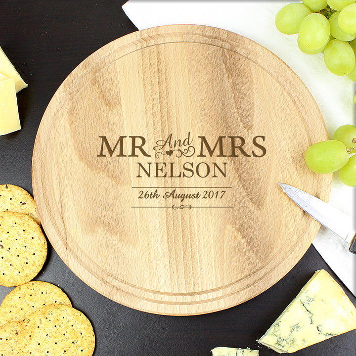 Buy Personalised Mr & Mrs Round Chopping Board available now at www.giftsfinder.co.uk