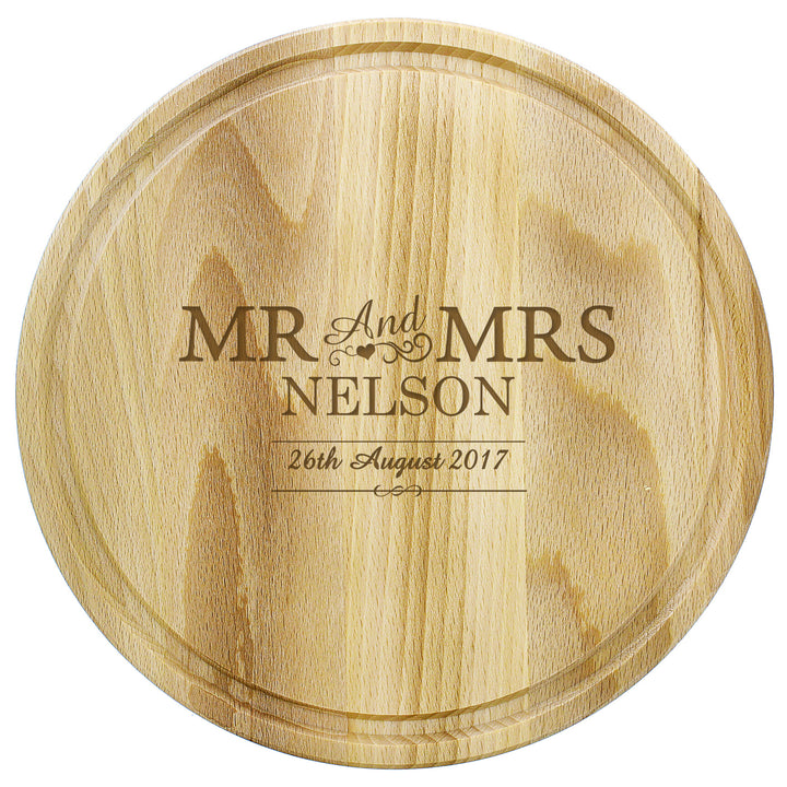 Buy Personalised Mr & Mrs Round Chopping Board available now at www.giftsfinder.co.uk