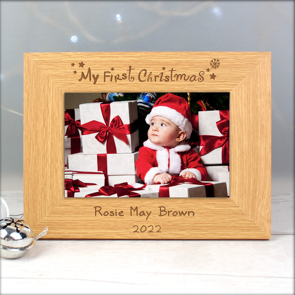 Buy Personalised Oak Finish 6x4 My First Christmas Photo Frame at www.giftsfinder.co.uk