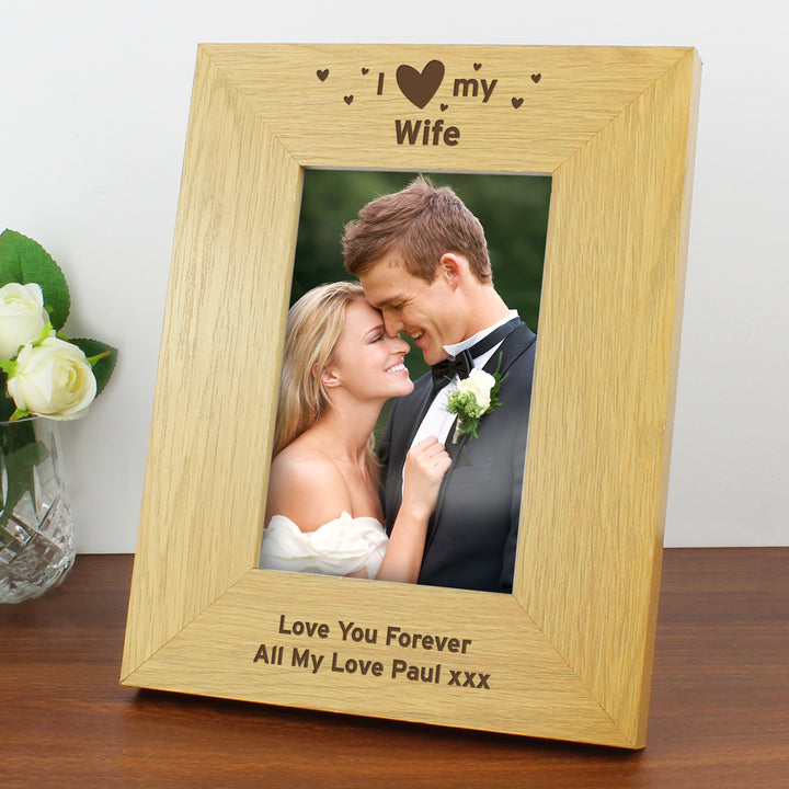 Personalised Oak Finish 4x6 Inch I Heart My Photo Frame - part of the Gifts Finder Personalised Photo Frames collection