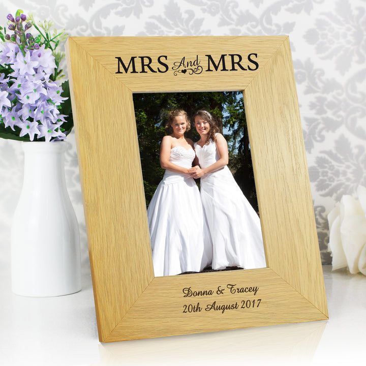 Personalised Oak Finish 4x6 Inch Mrs & Mrs Photo Frame - part of the Gifts Finder Personalised Photo Frames collection