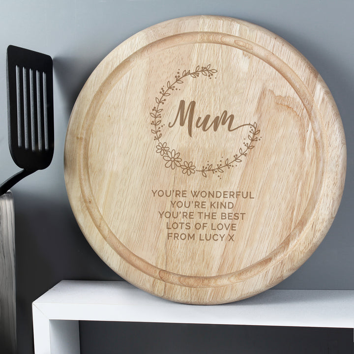 Buy Personalised Mum Round Wooden Chopping Heart at www.giftsfinder.co.uk