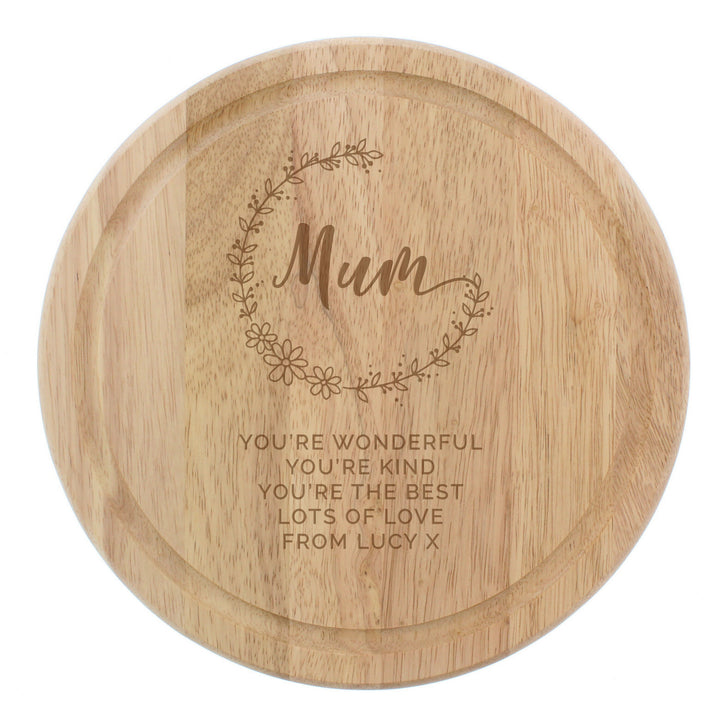 Buy Personalised Mum Round Wooden Chopping Heart at www.giftsfinder.co.uk