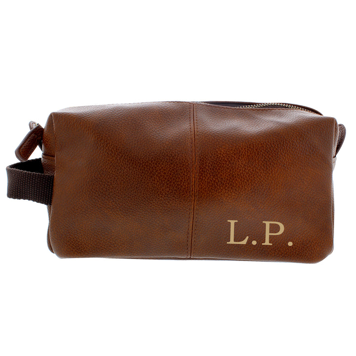 Buy Personalised Luxury Initials Brown Leatherette Wash Bag at www.giftsfinder.co.uk