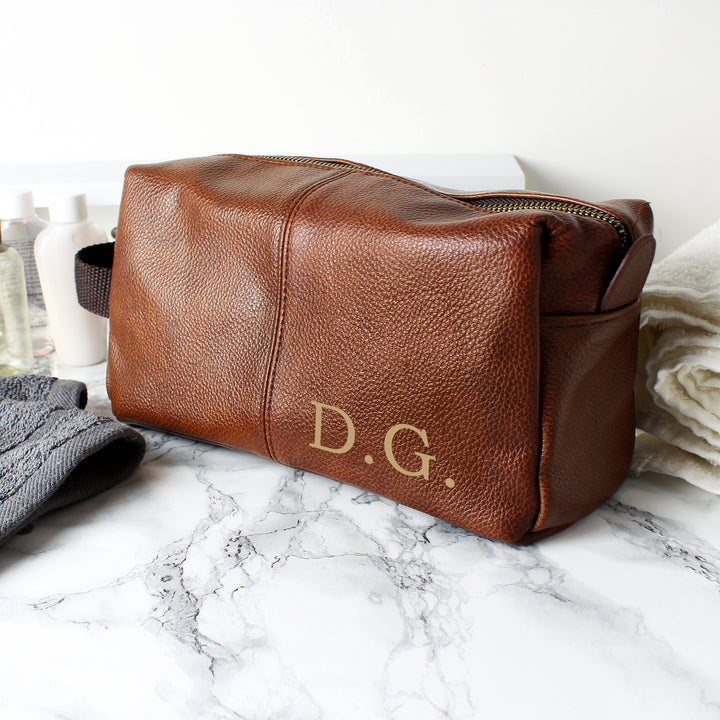 Buy Personalised Luxury Initials Brown Leatherette Wash Bag at www.giftsfinder.co.uk