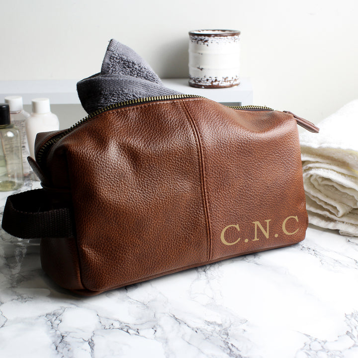 Buy Personalised Luxury Initials Brown Leatherette Wash Bag at www.giftsfinder.co.uk