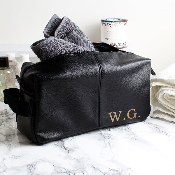 Buy Personalised Luxury Initials Black leatherette Wash Bag at www.giftsfinder.co.uk