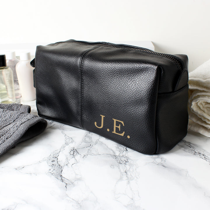 Buy Personalised Luxury Initials Black leatherette Wash Bag at www.giftsfinder.co.uk