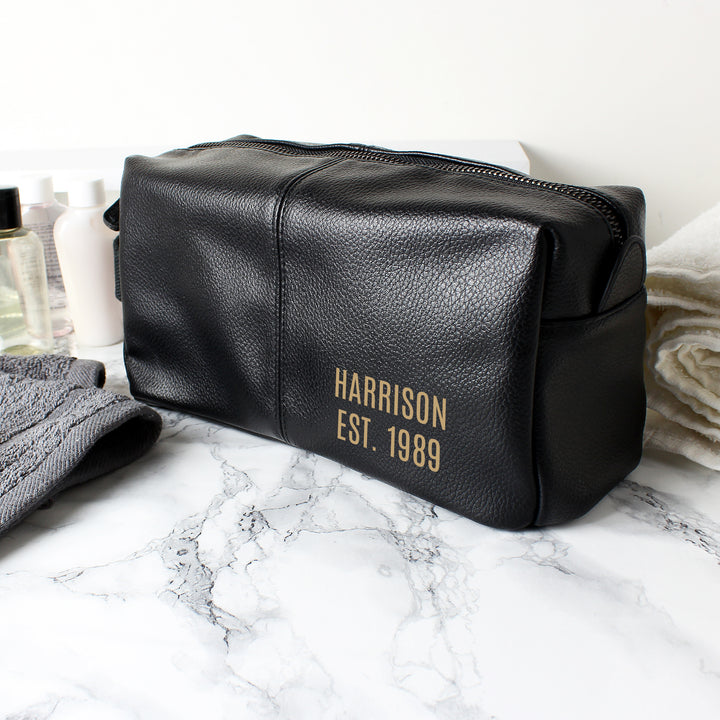 Buy Personalised Luxury Black leatherette Wash Bag at www.giftsfinder.co.uk