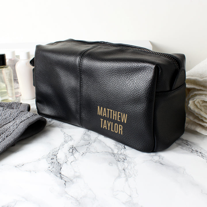 Buy Personalised Luxury Black leatherette Wash Bag at www.giftsfinder.co.uk