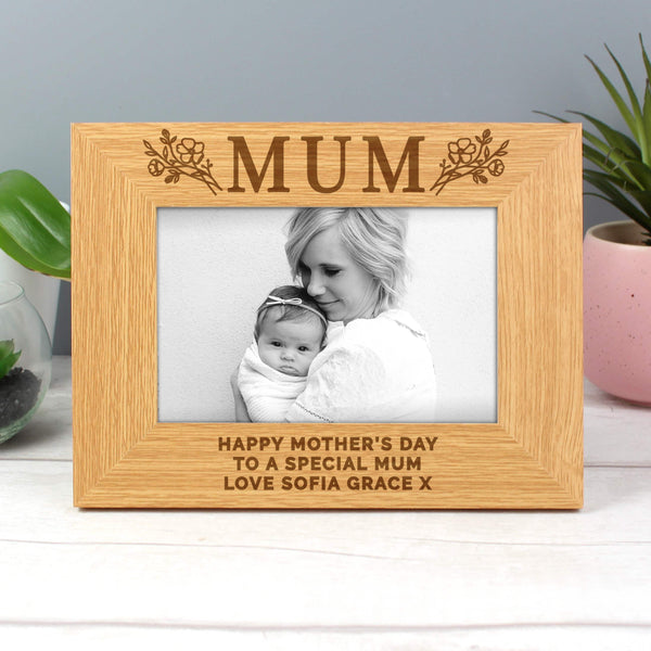 Buy Personalised Floral Mum 6x4 Oak Finish Photo Frame available now at www.giftsfinder.co.uk