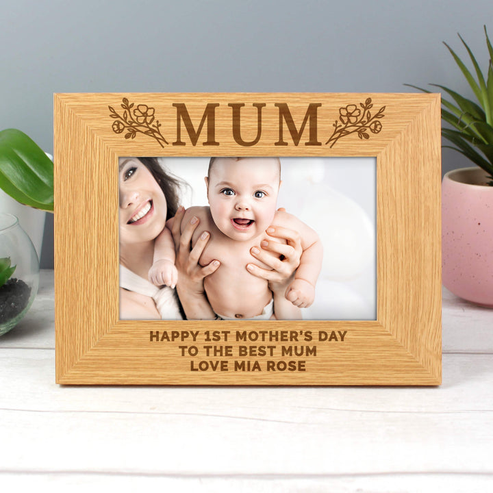 Buy Personalised Floral Mum 6x4 Oak Finish Photo Frame available now at www.giftsfinder.co.uk