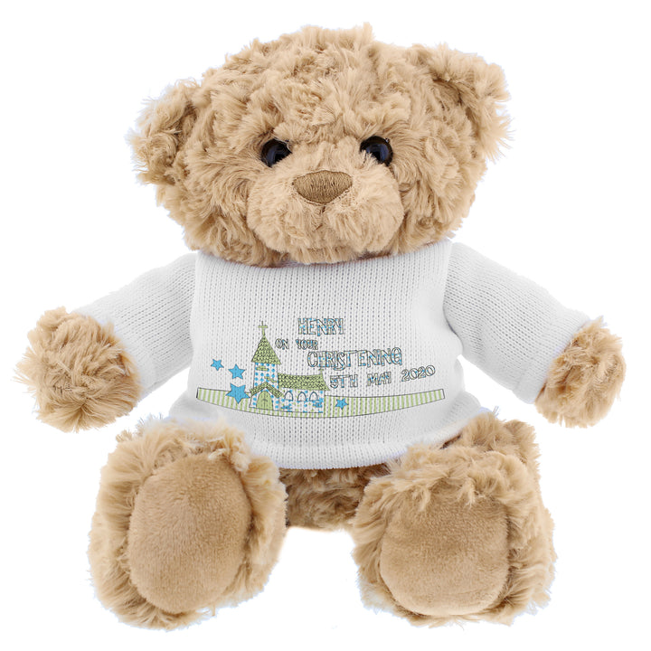 Buy Personalised Blue Church Message Teddy Bear available now at www.giftsfinder.co.uk