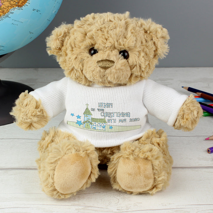 Buy Personalised Blue Church Message Teddy Bear available now at www.giftsfinder.co.uk