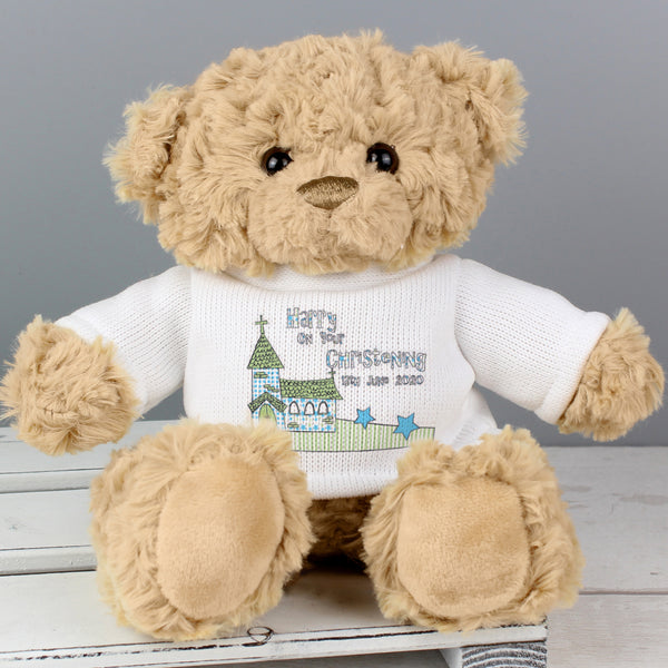 Buy Personalised Blue Church Message Teddy Bear available now at www.giftsfinder.co.uk