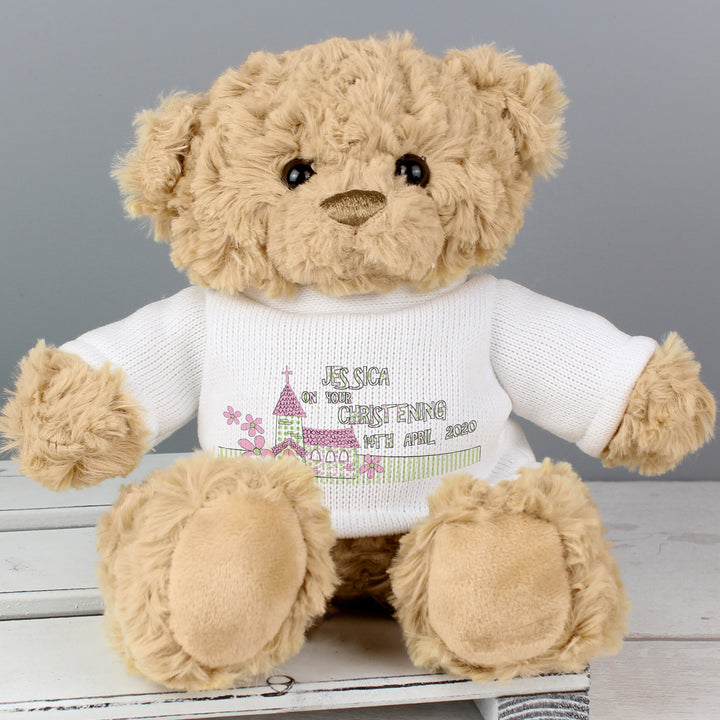 Buy Personalised Pink Church Teddy Bear at www.giftsfinder.co.uk