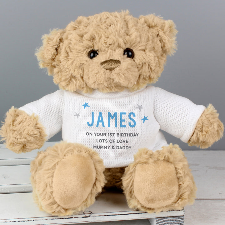 Buy Personalised Blue Name & Message Teddy Bear available now at www.giftsfinder.co.uk