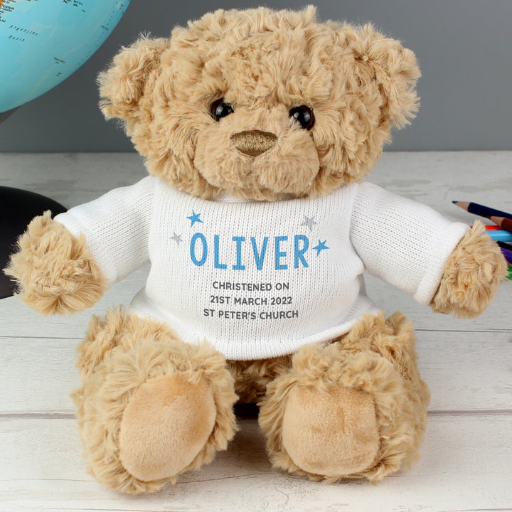 Buy Personalised Blue Name & Message Teddy Bear available now at www.giftsfinder.co.uk